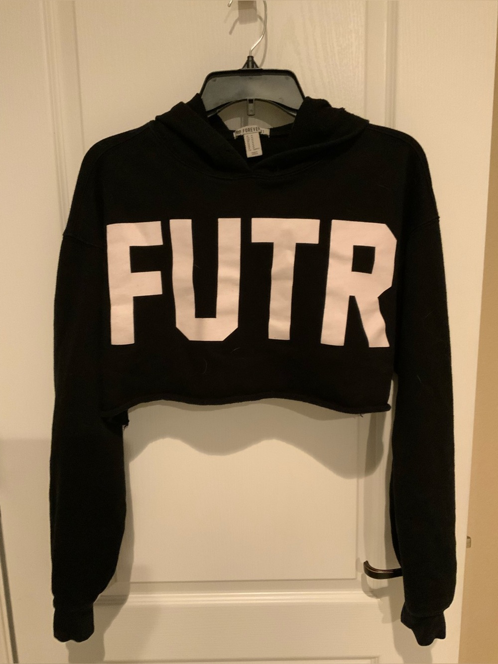 Forever 21 Black Cropped Hoodie with White FUTR Logo Sz M